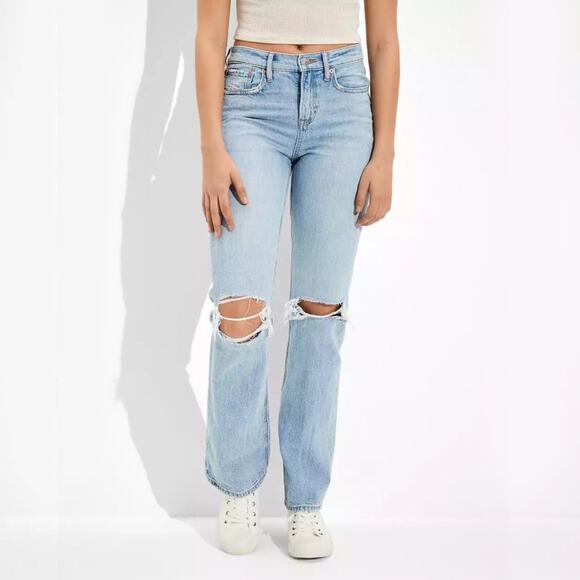 American Eagle 90's Straight Leg Jeans Ripped High Rise Mom Jeans 10 Short - Picture 1 of 7
